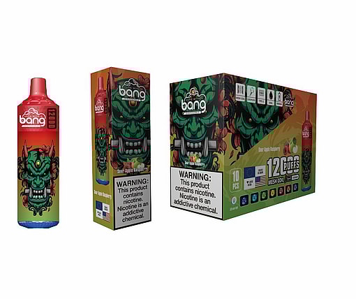 Packaging And Products Of Bang Disposable Vape In Sour Apple Raspberry Flavor, Featuring Vibrant Artwork Of A Green Stylized Face And Bold Text, Also Displaying A Nicotine Warning.
