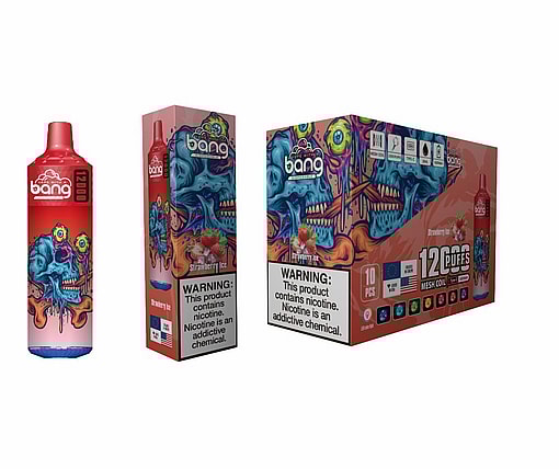 Packaging Image Of A Bang Disposable Vape With Strawberry Ice Flavor, Featuring Vibrant Artwork And A Nicotine Warning Label.
