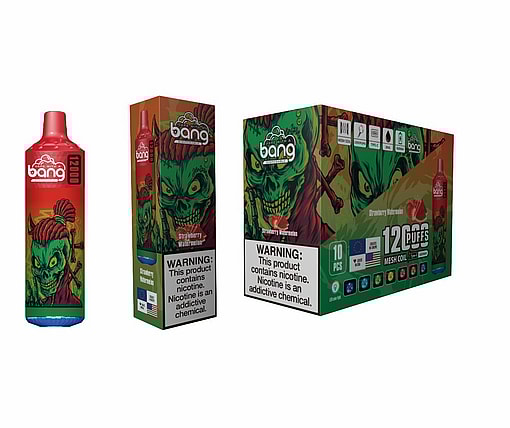 Packaging And Product Design For Bang Disposable Vape Devices In Strawberry Watermelon Flavor, Featuring A Red And Green Container With A Vivid Illustration Of A Zombie-Like Character. Includes Product Warnings About Nicotine Addiction.