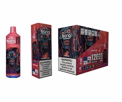 Bang Disposable Vape Packaging Featuring A Cartoon Skull Design, Labeled '12000 Puffs,' Strawberry Juice Flavor, And Adorned With A Nicotine Warning.