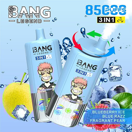 Ein Werbebild für Bang Legend 3-in-1-Vape-Gerät mit Blaubeereis, Blue Razz und Dirrant Birne, dargestellt mit Produktdesigns und verwandten Fruchtabbildungen vor einem hellblauen Hintergrund.