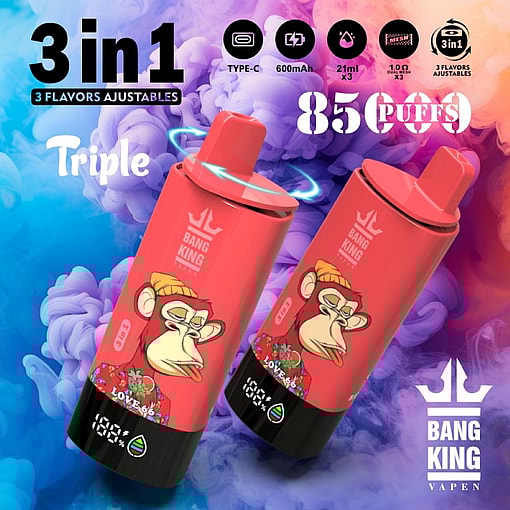 Promotional image showing two red Bang King Triple 85000 vape devices with cartoon monkey artwork and '3 in 1' flavor feature, set against a colorful vapor background.