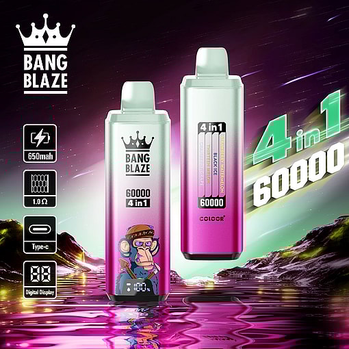 Promotional image featuring two Bang Blaze vaping devices with 60000 puff capacity and 4-in-1 flavor options against a vibrant, colorful background with neon accents and reflection effects.