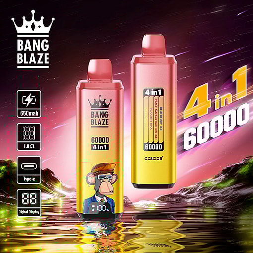 Promotional image featuring Bang Blaze 4-in-1 vaping devices with 60000 puffs capacity, digital display, Type-C charging, and various flavor options against a vibrant, stylized cosmic background.