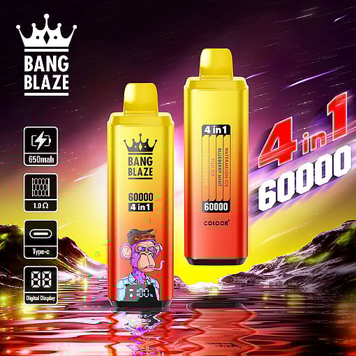 Two e-cigarette devices labeled Bang Blaze 60,000 4-in-1, with vibrant designs featuring icons and a colorful background; technical specifications displayed alongside.