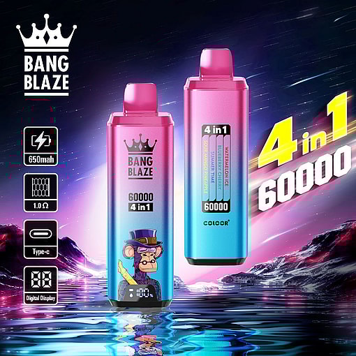 Two vibrant electronic vaporizer devices labeled 'Bang Blaze 4 in 1, 60000' with features such as a digital display, Type-C connector, and 650mAh battery against a futuristic background with water reflections.