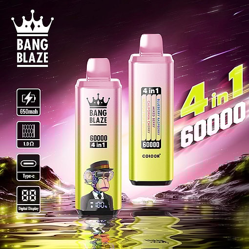 Two pink and yellow Bang Blaze vape devices are displayed against a cosmic-themed background showcasing features like 4-in-1 flavors, digital display, Type-C charging, 1.0Ω coil, and 650mAh battery capacity.
