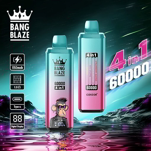Promotional image featuring two colorful vaping devices labeled 'Bang Blaze,' showcasing specifications like 650mAh battery, Type-C charging, and digital display, with a futuristic background and reflective water surface.