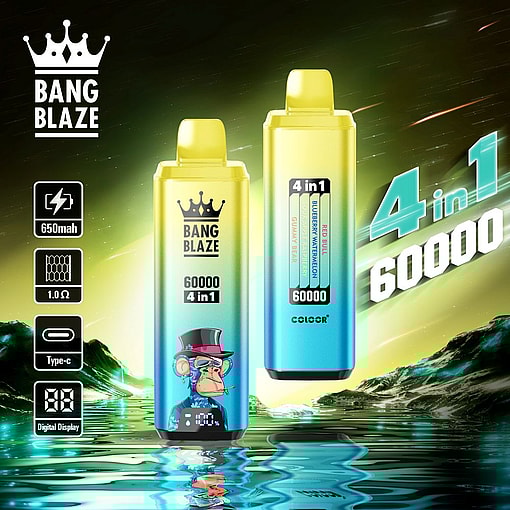 Promotional image of Bang Blaze vape products featuring two devices labeled '4 in 1, 60000,' with one displaying a monkey mascot design, surrounded by specifications including '650mAh,' 'Type-C,' and 'Digital Display.'