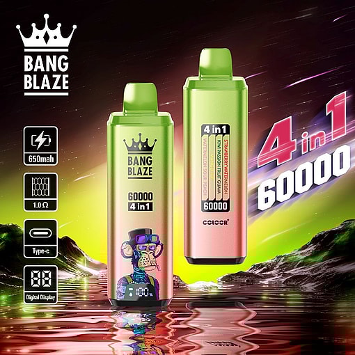 Two Bang Blaze 4-in-1 vape devices with a green gradient design, displaying specifications like 650mAh battery, Type-C charging, and digital display, set against a vibrant, otherworldly landscape.
