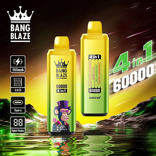 Promotional image featuring two Bang Blaze vaping devices, showcasing their bright yellow-green design with listed specifications such as 60,000 puff capacity, 4-in-1 flavors, 650mAh battery, and digital display, against a vibrant futuristic landscape background.