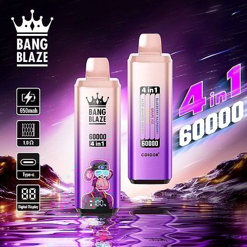 Two Bang Blaze vaping devices standing upright with branding and features highlighted, against a purple cosmic backdrop with reflective water and mountains.