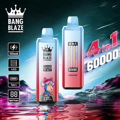 Promotional image featuring two Bang Blaze vaping devices with text highlighting specifications like 650mAh, Type-C charging, digital display, and 60,000 puffs; designed with a striking mirrored landscape background.