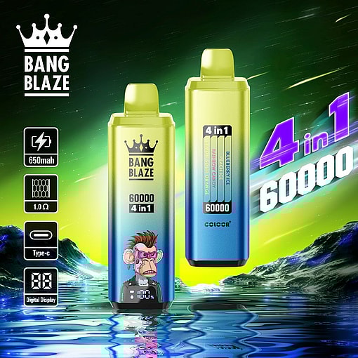 Promotional image for Bang Blaze 4-in-1 device featuring vibrant packaging and specifications, including 60000 puffs capacity, multiple flavors, 650mAh battery, and digital display, set against a colorful background with water reflections.