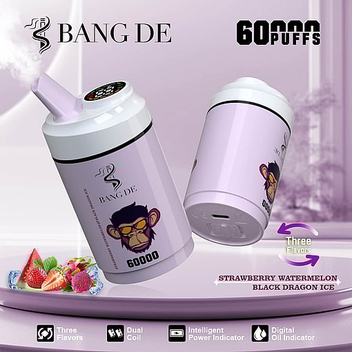 Promotional image showing two Bang De vaping devices featuring a purple design with an illustrated monkey logo, labeled for 60,000 puffs and offering three flavors: strawberry watermelon, black dragon ice.
