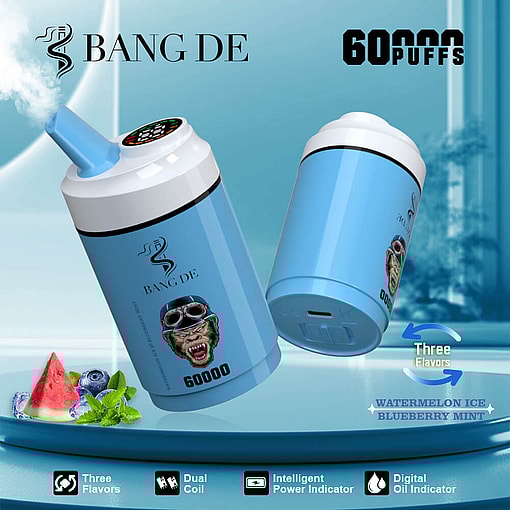 Promotional image of a Bang De branded vape device with a blue cylindrical design, featuring 60,000 puffs, three flavor options, and indicators for power and oil levels.