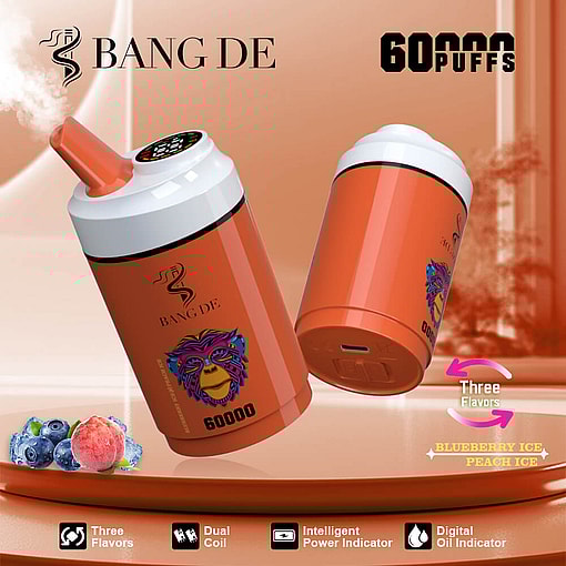 An advertisement image for the Bang De vaping device, showcasing its orange-colored cylindrical design, features, and branding, with text indicating 60,000 puffs and flavors such as blueberry ice and peach ice.