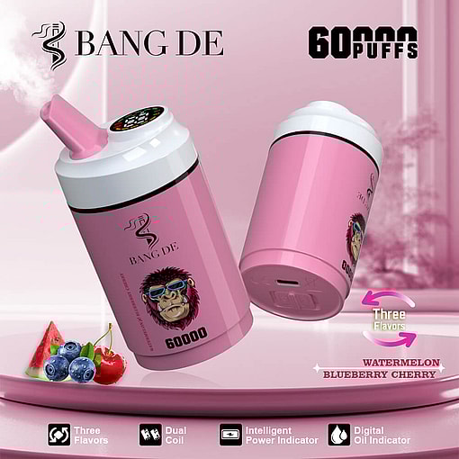 Pink vaping devices labeled Bang De with a caricature of a gorilla wearing sunglasses, promoting features like three flavors (watermelon, blueberry, cherry), dual coil, intelligent power indicator, and 60,000 puffs capacity.