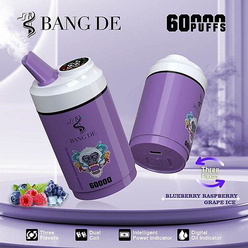 Bang De branded vaping device in purple color with 60,000 puffs, featuring blueberry, raspberry, and grape ice flavors, alongside device features like dual coil and digital oil indicator.