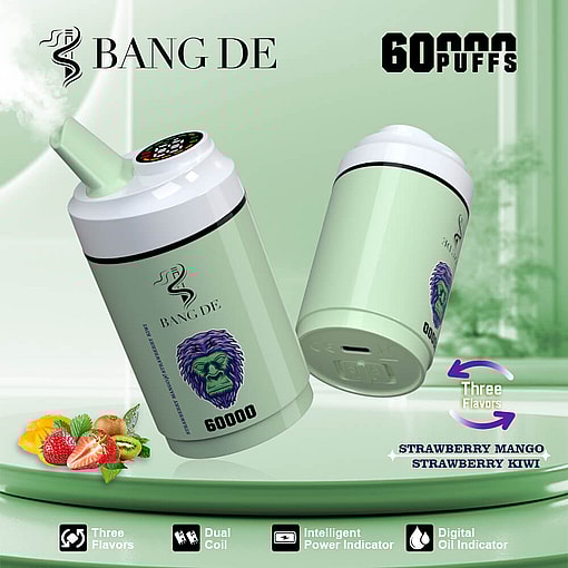 Two cylindrical vaping devices labeled 'Bang DE' with a gorilla image and flavor options including Strawberry Mango and Strawberry Kiwi, featuring 60,000 puffs and technological features like dual coil and digital oil indicator.