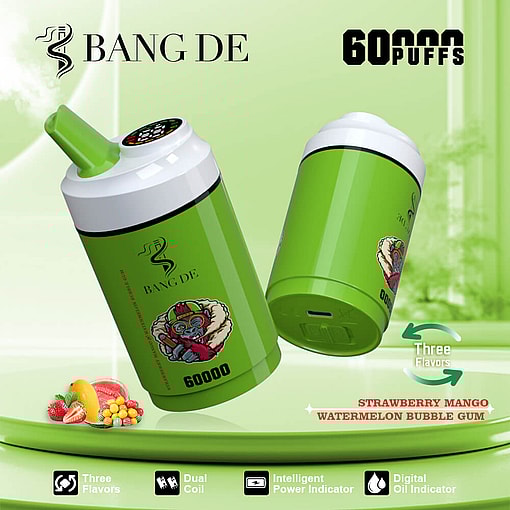 Advertisement featuring a green disposable vape with branding 'Bang De' and a 60000 puffs capacity, showcasing three flavors: strawberry mango, watermelon, and bubble gum, with various features highlighted in icons.