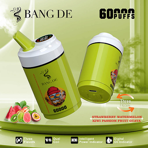 Promotional image of Bang De vape device with green body, featuring dual coils and digital oil indicator, offering flavors like strawberry watermelon and kiwi passion fruit guava, highlighted by its 60,000 puff capacity.