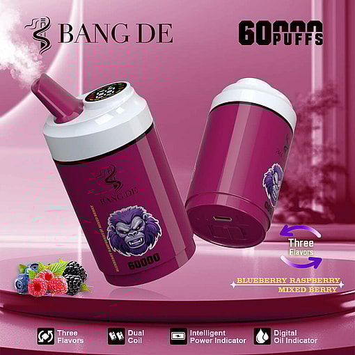 Promotional image of a BANG DE vaping product featuring dual coils, intelligent power and oil indicators, available in three flavors including blueberry, raspberry, and mixed berry, with branding and design emphasizing 60,000 puffs.