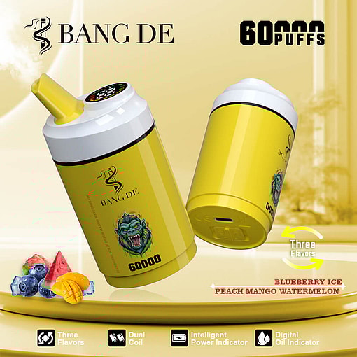 Promotional image of the Bang De vape with a yellow design, highlighting features like 60,000 puffs, three flavors (Blueberry Ice, Peach Mango, Watermelon), dual coil, intelligent power indicator, and digital oil indicator.