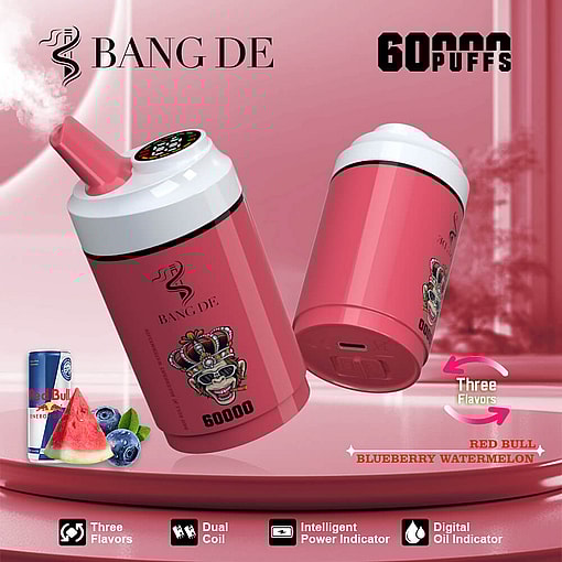 Marketing image of Bang De vaping device showcasing its pink cylindrical design, flavor options including Red Bull, Blueberry, and Watermelon, with specifications like 60,000 puffs, dual coil system, intelligent power indicator, and digital oil indicator against a red background.