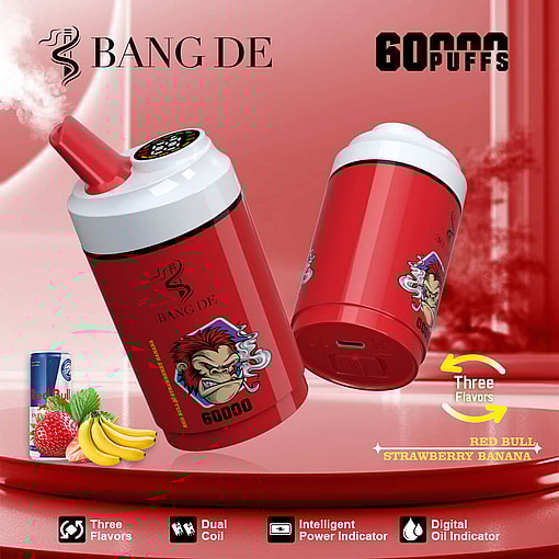 Promotional image showcasing the Bang DE vaping device in red, advertising features like 60,000 puffs, three flavors (Red Bull, Strawberry, Banana), dual coil system, intelligent power and oil indicators, accompanied by flavor illustrations and sleek design elements on a red backdrop.