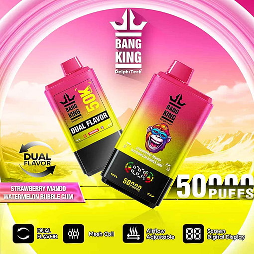 Advertisement featuring Bang King dual flavor vapes with 50,000 puffs, highlighting strawberry mango and watermelon bubble gum flavors, mesh coil technology, and adjustable airflow against a gradient background.