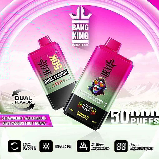 Advertisement for Bang King 50k dual-flavor vaping devices featuring highlighted features, including mesh coil and adjustable airflow, offering flavors like Strawberry Watermelon and Kiwi Passion Fruit Guava.