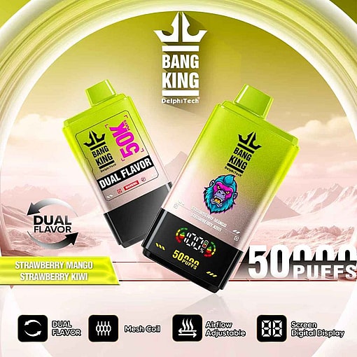 Promotional image for Bang King dual flavor vaping device featuring 50,000 puffs, strawberry mango and strawberry kiwi flavors, a digital screen display, mesh coil, and adjustable airflow, set against a stylized background.