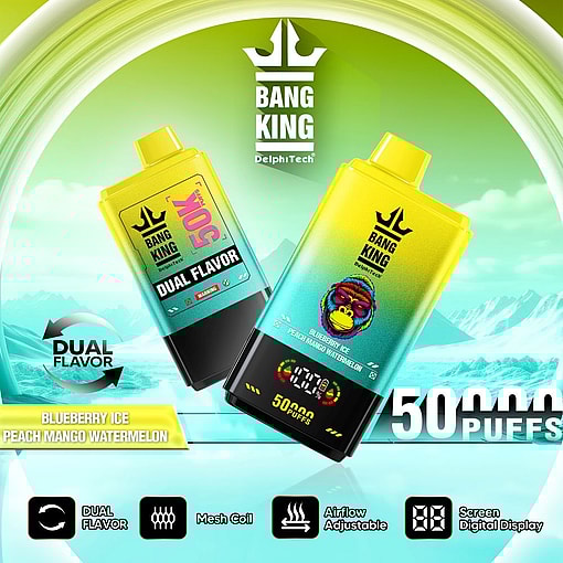 Promotional graphic for Bang King dual flavor vape, showcasing blueberry ice and peach mango watermelon flavors, highlighting features like mesh coil, adjustable airflow, and screen digital display with 50,000 puff capacity against an icy mountain-themed background.