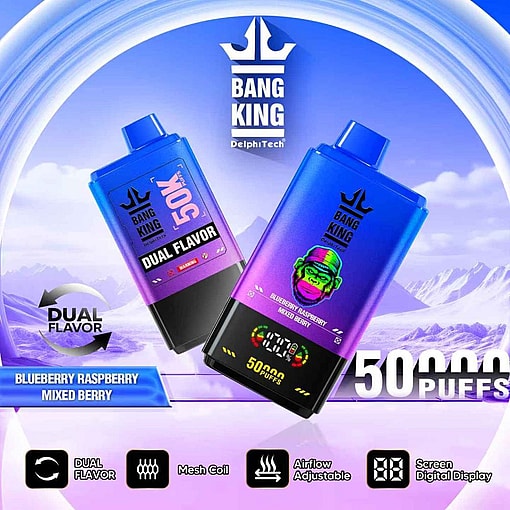 Promotional image featuring Bang King DelphiTech vape devices showcasing dual flavors Blueberry Raspberry and Mixed Berry with descriptions of 50,000 puffs, adjustable airflow, and digital screen display against a mountainous background.