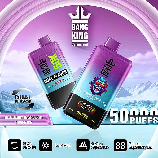 Promotional image featuring Bang King DelphiTech vape devices showcasing dual flavors Blueberry Raspberry and Mixed Berry with descriptions of 50,000 puffs, adjustable airflow, and digital screen display against a mountainous background.