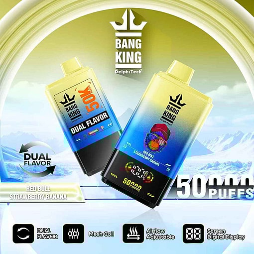 Promotional banner for Bang King 50000 dual flavor vaping device featuring Red Bull Strawberry Banana flavor, showcasing its 50,000 puff capacity, adjustable airflow, mesh coil technology, and screen display against a stylized icy mountain background.