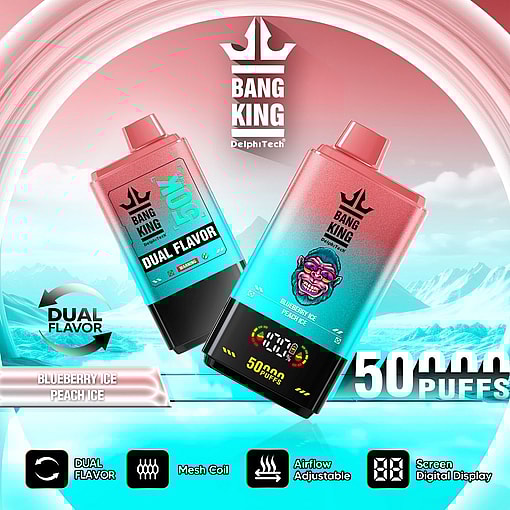 Promotional image showcasing Bang King DelphiTech dual-flavor vape devices in Blueberry Ice and Peach Ice flavors, highlighting features such as 50,000 puffs, mesh coil, airflow adjustability, and digital screen display against a cool, misty backdrop.