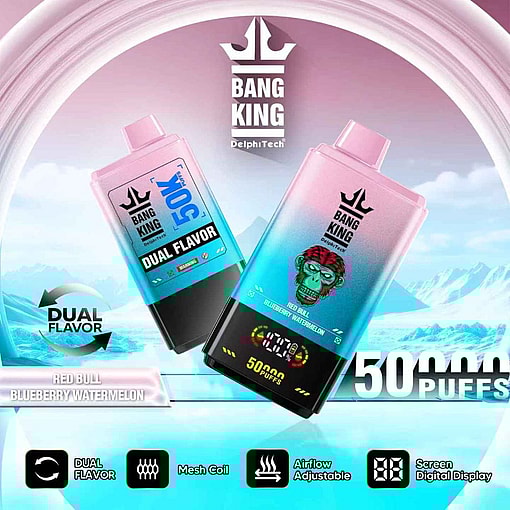 Promotional image featuring Bang King DelphiTech dual-flavor electronic vaporizer pens with 50,000 puffs, displayed against a stylized icy mountain background.