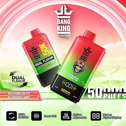 Promotional image featuring two Bang King DelphiTech dual flavor vape devices in red and green gradient designs, offering Watermelon Ice and Blueberry Mint flavors with 50,000 puffs, mesh coil, adjustable airflow, and a digital display; set against a vibrant backdrop.