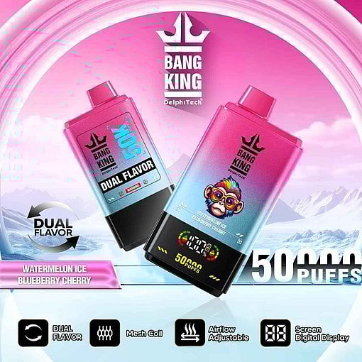 Promotional image of Bang King vaping device showcasing dual flavors, 50,000 puffs, adjustable airflow, mesh coil technology, and digital screen in a vibrant design with watermelon ice and blueberry cherry flavors.