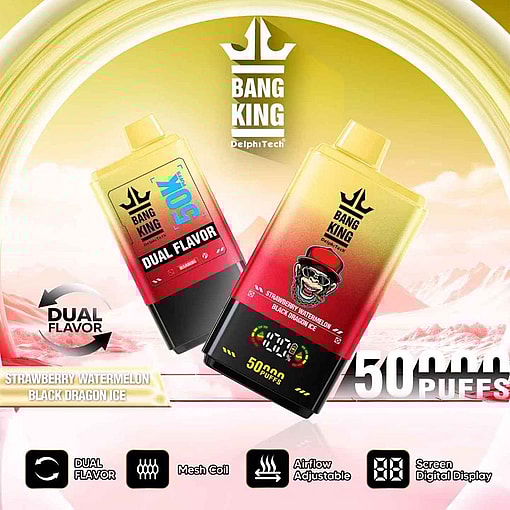 Advertising image of two Bang King Dual Flavor vaping devices showcasing flavors Strawberry Watermelon and Black Dragon Ice with features like mesh coil, adjustable airflow, and a digital display for 50,000 puffs.