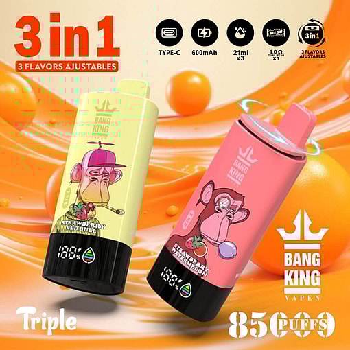 Two Bang King Vapen E-Cigarettes In Yellow And Pink Colors Featuring Cartoon Monkey Designs, Advertising 3-In-1 Flavor Options And 85,000 Puffs.