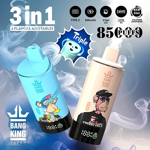 Promotional Image Featuring Two Vaping Devices, One Blue With A Cartoon Ape On A Beach, Labeled &Quot;Pineapple Ice,&Quot; And One Beige With A Sunglass-Wearing Ape Holding A Drink, Labeled &Quot;Cherry Cola,&Quot; Set Against A Smoky Background With Product Features Highlighted Such As &Quot;3 In 1 Flavors Adjustable,&Quot; &Quot;85 (Puffs)&Quot; And Details Like &Quot;600Mah&Quot; Battery Life.