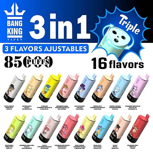 Advertisement Displaying Bang King Vapes Featuring 3-In-1 Adjustable Flavors, Available In 16 Options Offering Up To 8500 Puffs, With Cartoon-Themed Designs On Different Colored Vape Units.