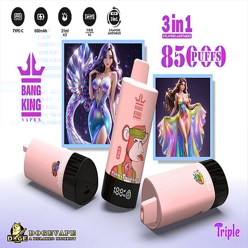 Promotional image showcasing 'Bang King' vape devices in pink color with a 'Bored Ape' illustration on one, and vibrant product designs with features mentioned including 85000 puffs and 3-in-1 adjustable flavors, complemented by artistic depictions of colorful feminine characters in fantasy attire, alongside the 'Doge Vape' logo.