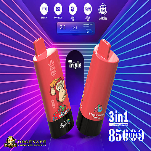 Promotional image showing two colorful vape devices labeled Bang King and Strawberry Donut, with specifications such as 3-in-1 flavors, 8500 puffs, and 600mAh battery, set against a vibrant purple and blue background.