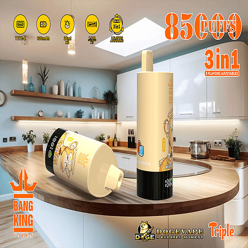 Promotional image featuring DogeVape Bang King vape devices on a modern kitchen counter, showcasing product specifications and features such as puff count and flavor adjustment.