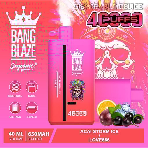 Promotional Image Of Bang Blaze Disposable Vape Device Featuring Acai Storm Ice Flavor, With A Pink Color Scheme, Mesh Coil And Type-C Compatibility, Highlighted By Decorative Elements And Fruit Illustrations.