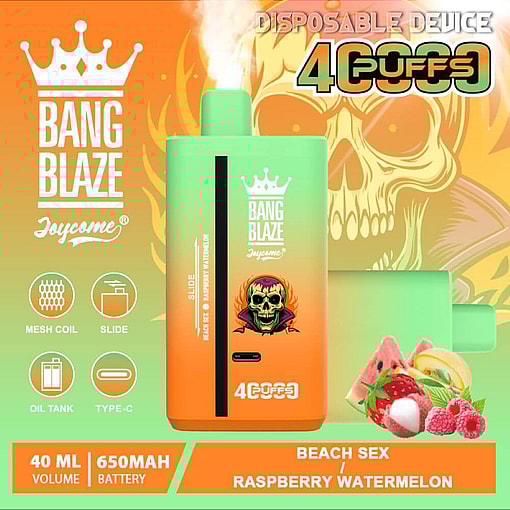 Reklam för Bang Blaze engångsvaping-enheten med en vibrerande orange och grön bakgrund, med betoning på 4000 puffar, hallon-vattenmelon-smak och produktspecifikationer som 40 ml kapacitet och 650 mAh batteri.